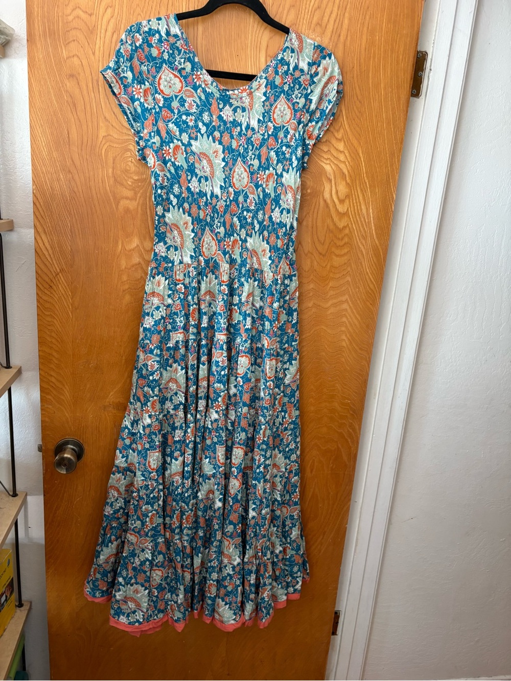 Soft Surroundings Kara Teal Maxi Dress with Coral & Cream flowers S - Picture 9 of 9